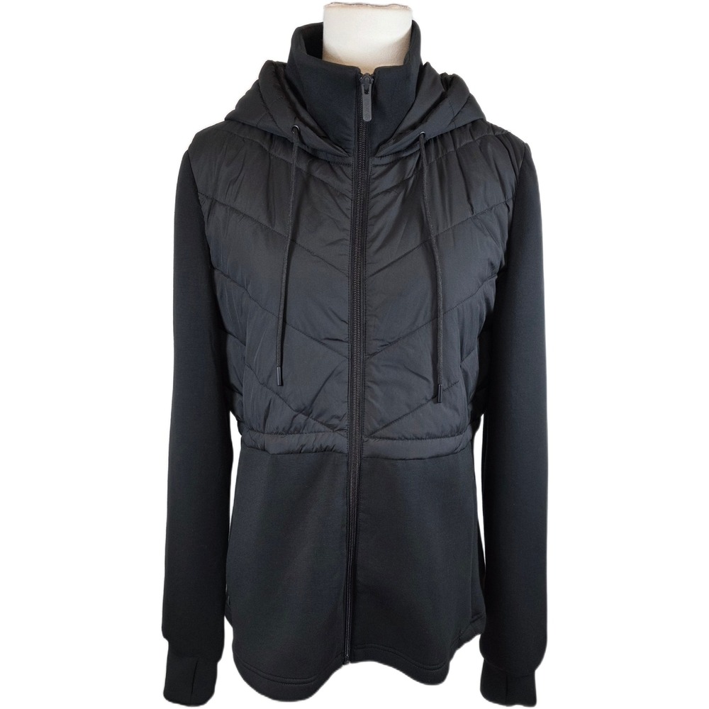 Zella Women's Black Hybrid Quilted Puffer Hooded Jacket Full Zip